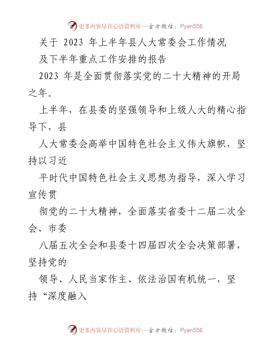 [工作总结] 县人大常委会 - 2023年上半年县人大常委会工作总结及下半年工作安排.docx_第1页