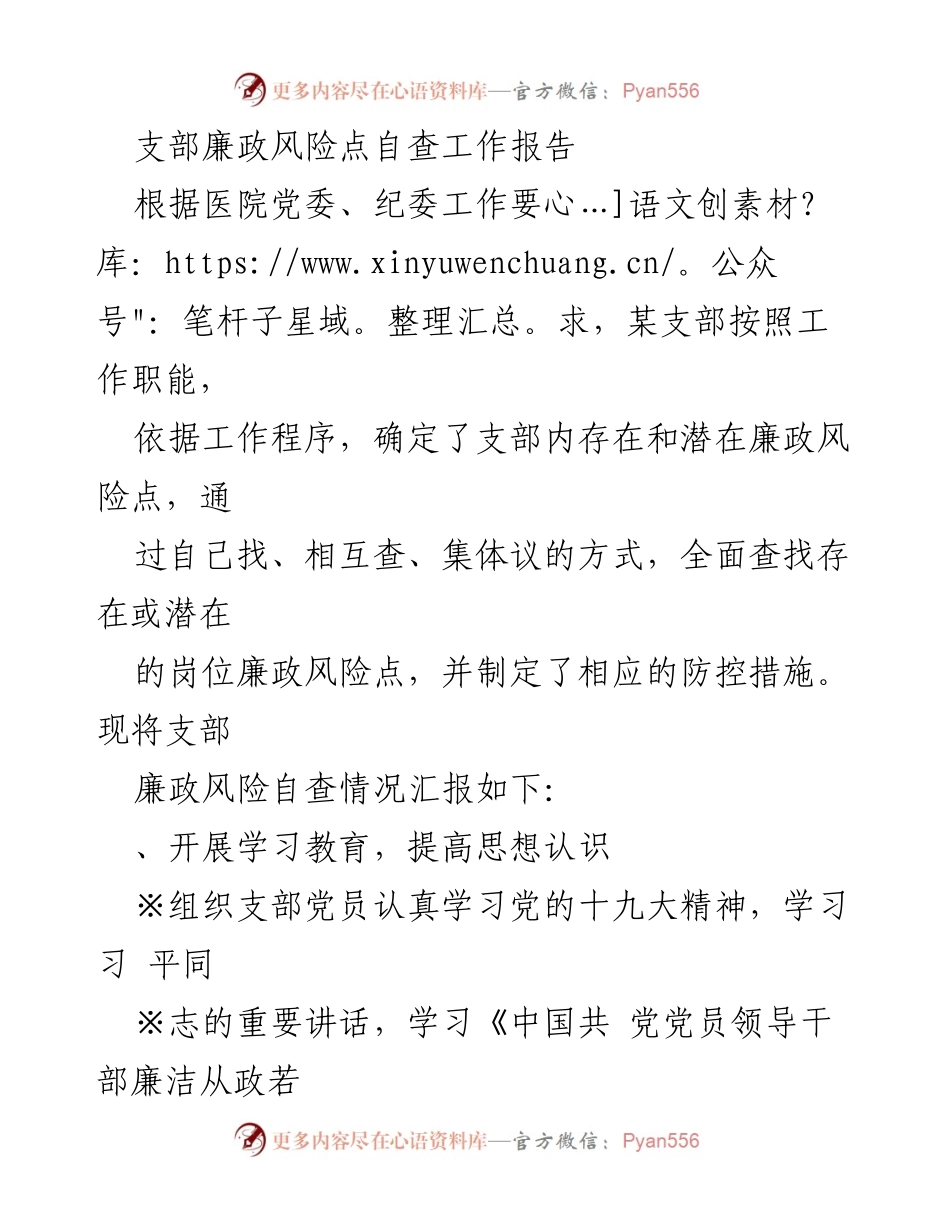 [工作总结] 医院支部 - 支部廉政风险点自查工作报告.docx_第1页