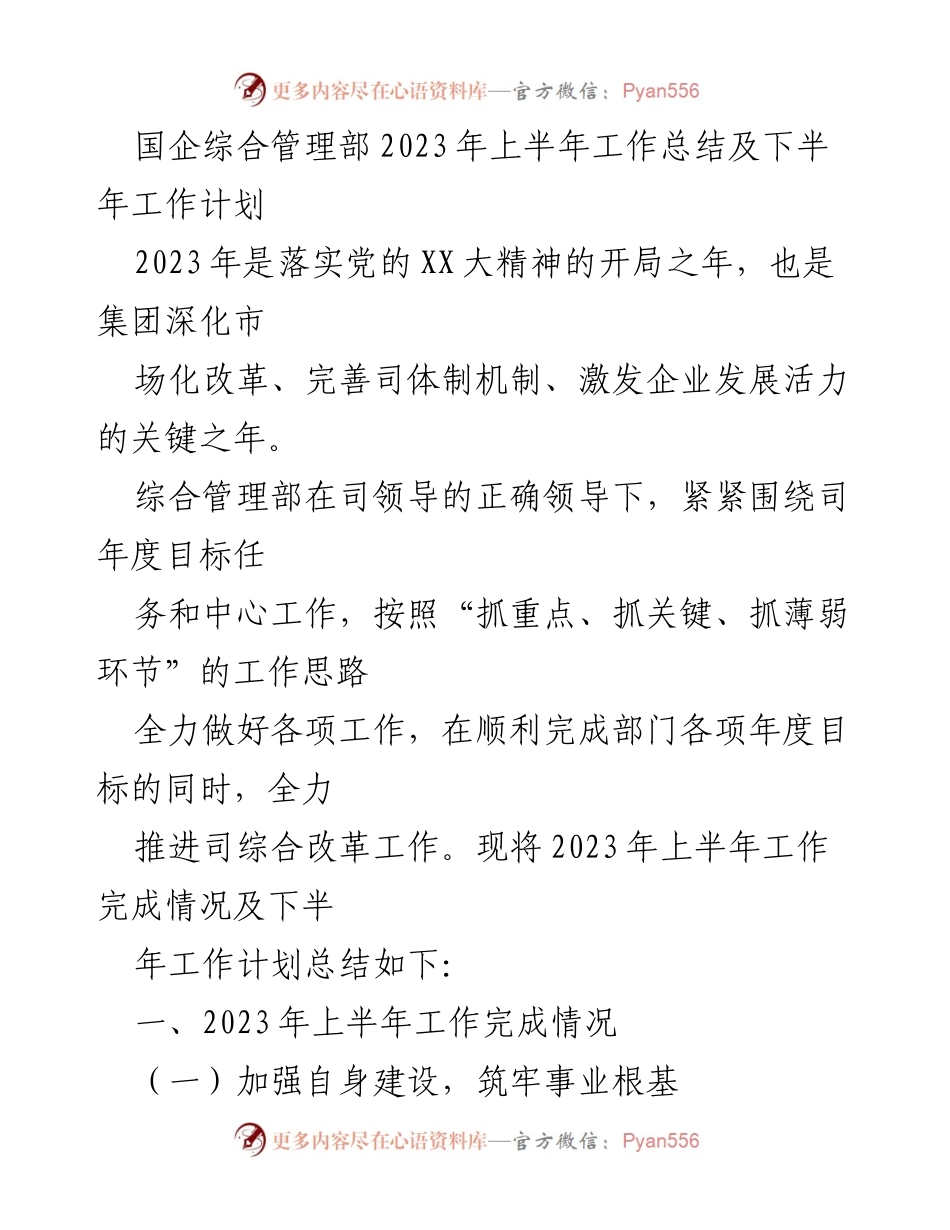 [工作总结] 国企综合管理部 - 2023年上半年工作总结与下半年计划.docx_第1页