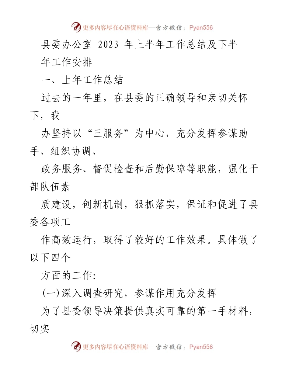 [工作总结] 县委办公室 - 2023年上半年工作总结及下半年工作安排.docx_第1页