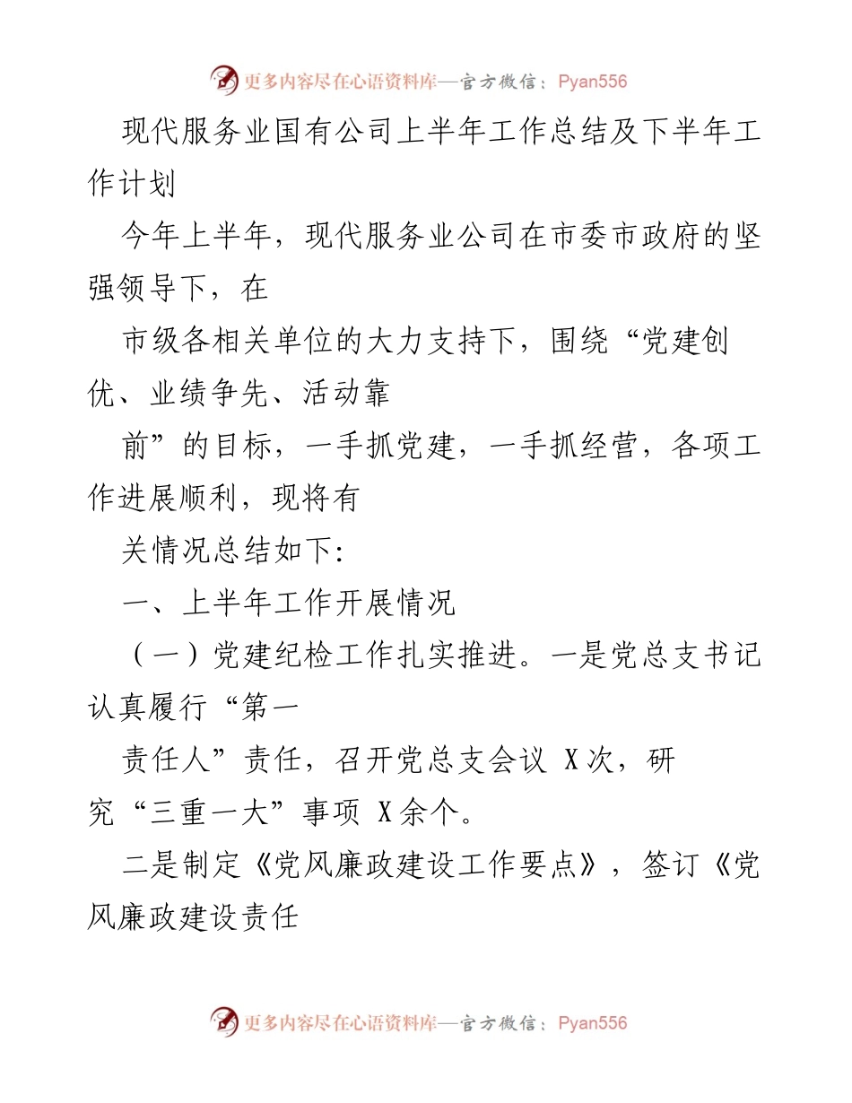 [工作总结] 半年工作总结会议 - 现代服务业国有公司上半年工作总结与下半年计划.docx_第1页