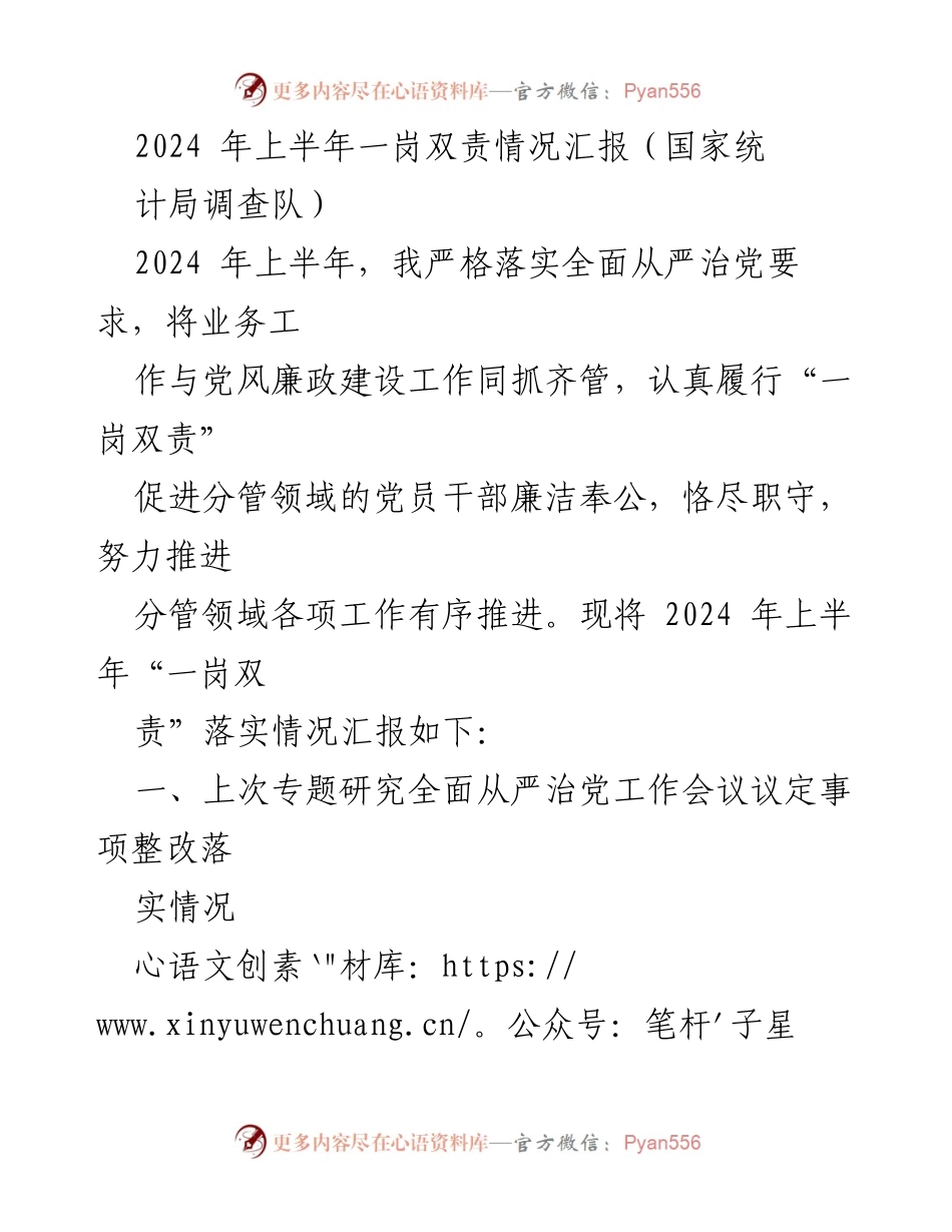 [工作总结] 国家统计局调查队 - 2024年上半年一岗双责落实情况汇报.docx_第1页