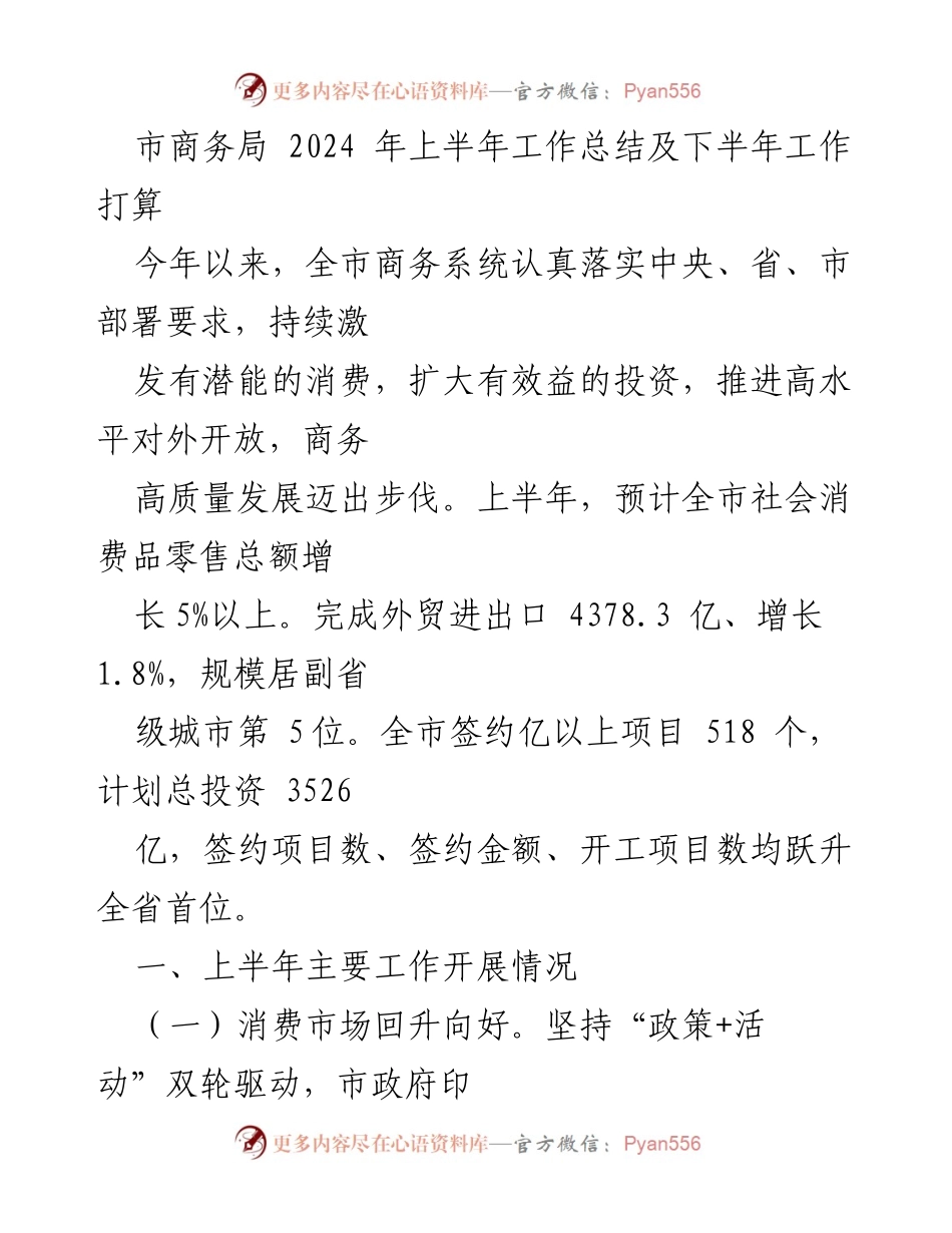 [工作总结] 商务局 - 2024年上半年商务工作总结与下半年计划.docx_第1页