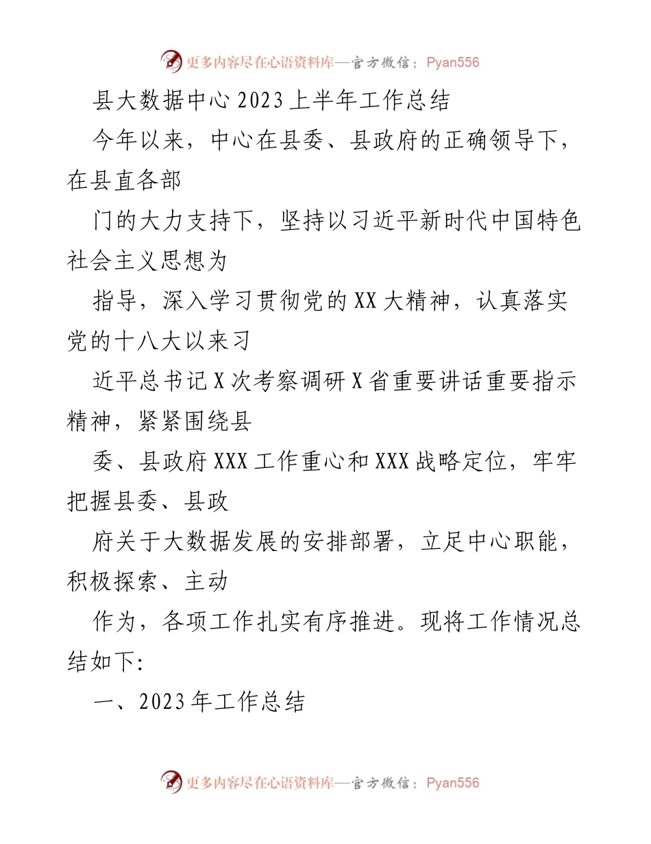 [工作总结] 县大数据中心 - 2023上半年工作总结报告.docx_第1页