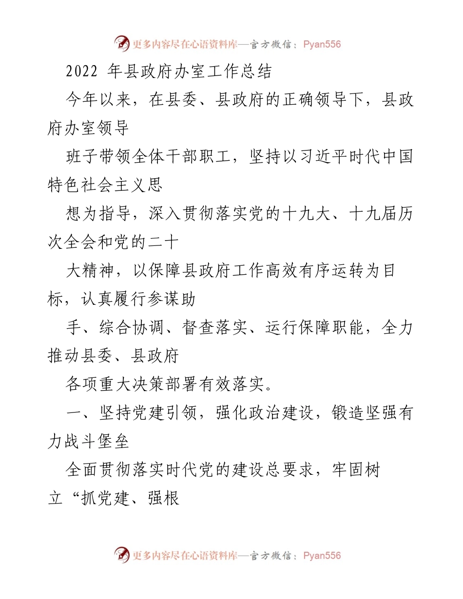 [工作总结] 县政府办 - 2022年县政府办室工作总结与党建提升策略.docx_第1页