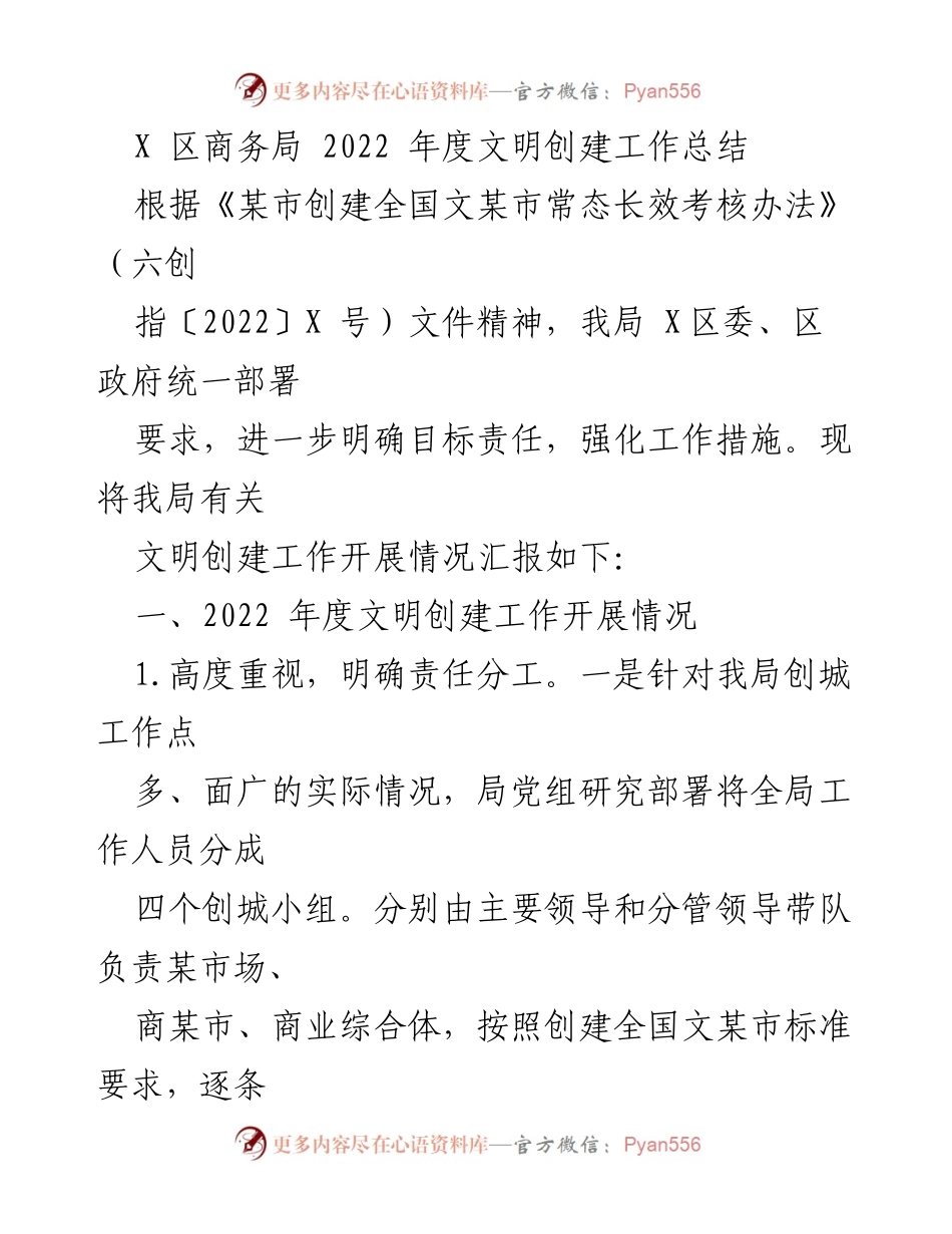 [工作总结] 商务局 - 2022年度文明创建工作总结报告.docx_第1页