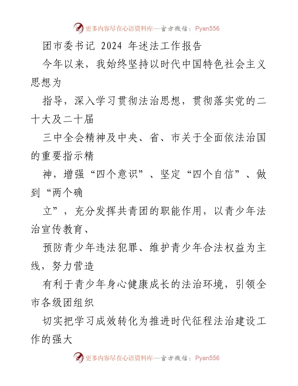 [工作总结] 团市委书记述法工作 - 2024年法治宣传教育工作总结报告.docx_第1页