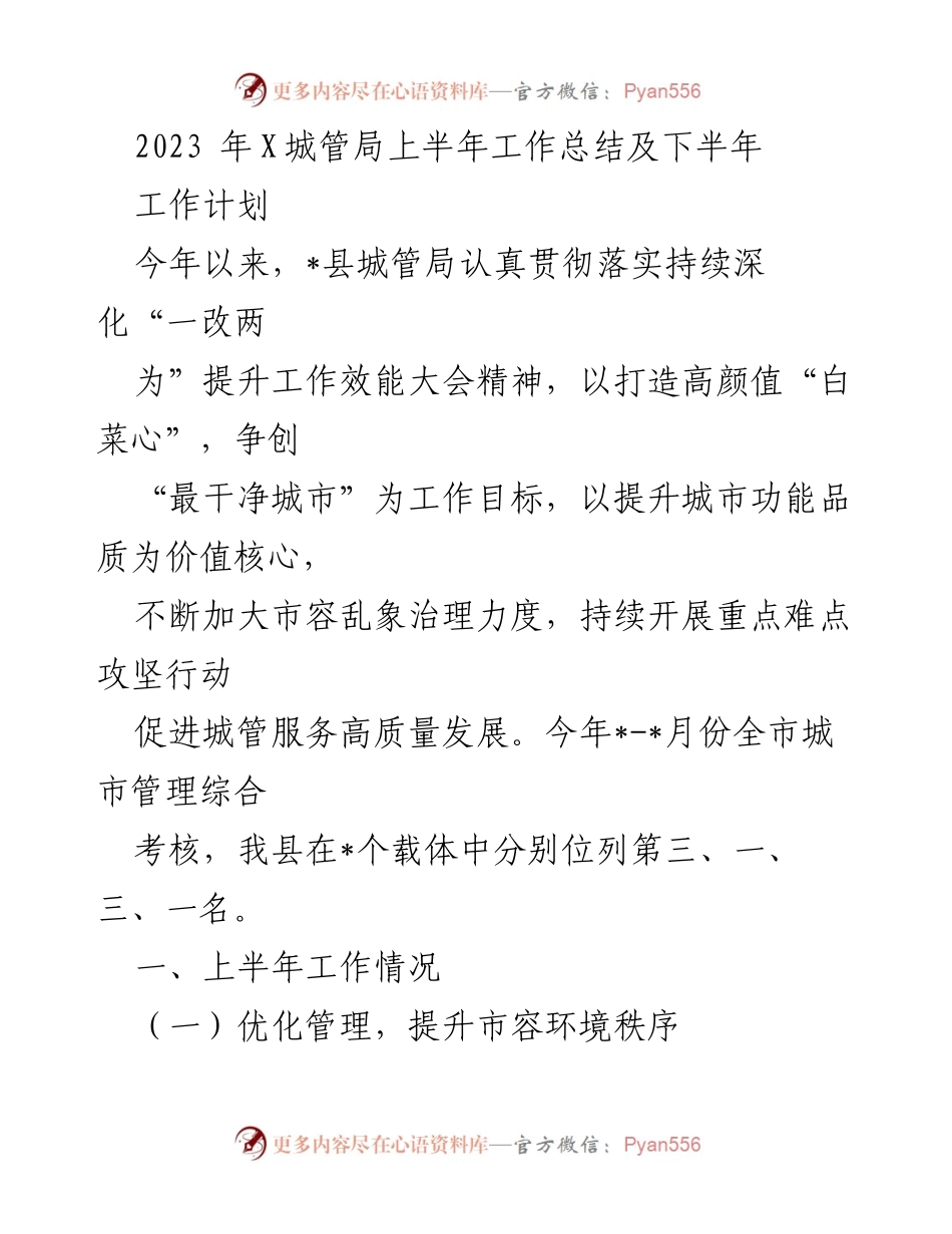 [工作总结] 城管局 - 2023年上半年工作总结及下半年工作计划.docx_第1页