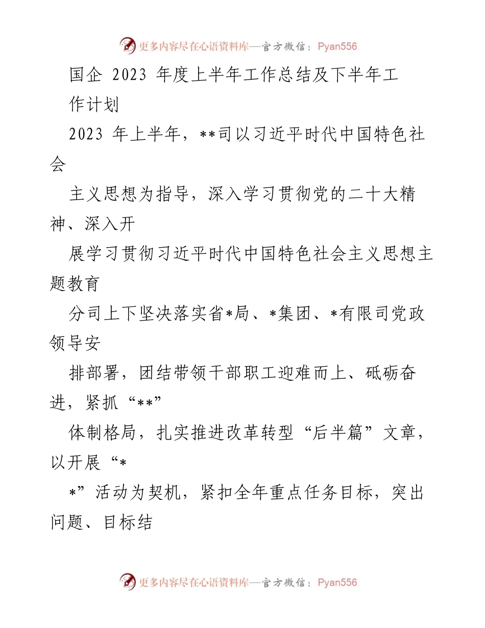 [工作总结] 国企年度工作总结会议 - 2023年度上半年工作总结与下半年工作计划.docx_第1页