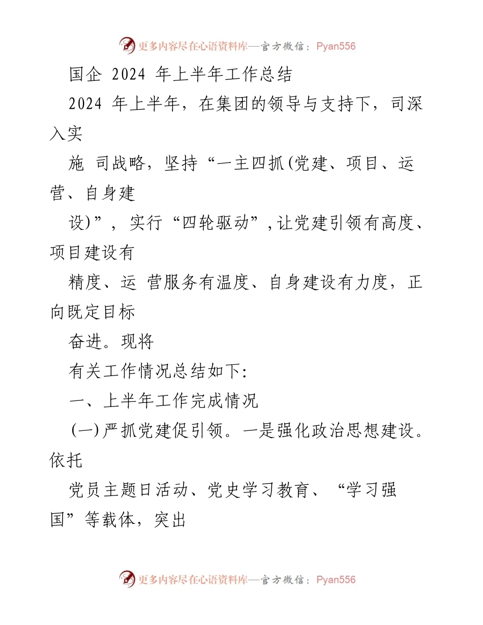 [工作总结] 国企2024年上半年 - 国企2024年上半年工作总结与党建引领实施情况.docx_第1页