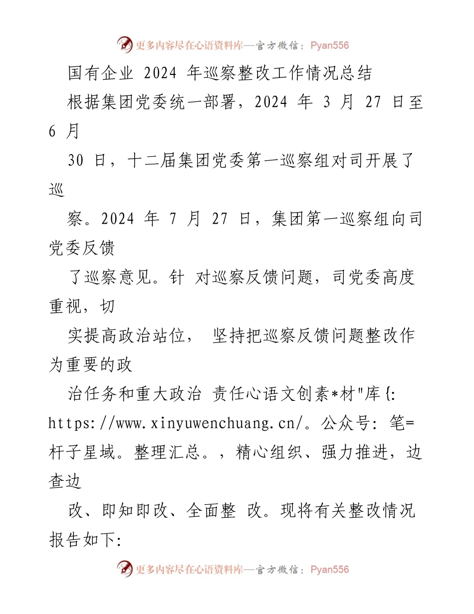 [工作总结] 国有企业巡察整改 - 2024年国有企业巡察整改工作情况总结.docx_第1页