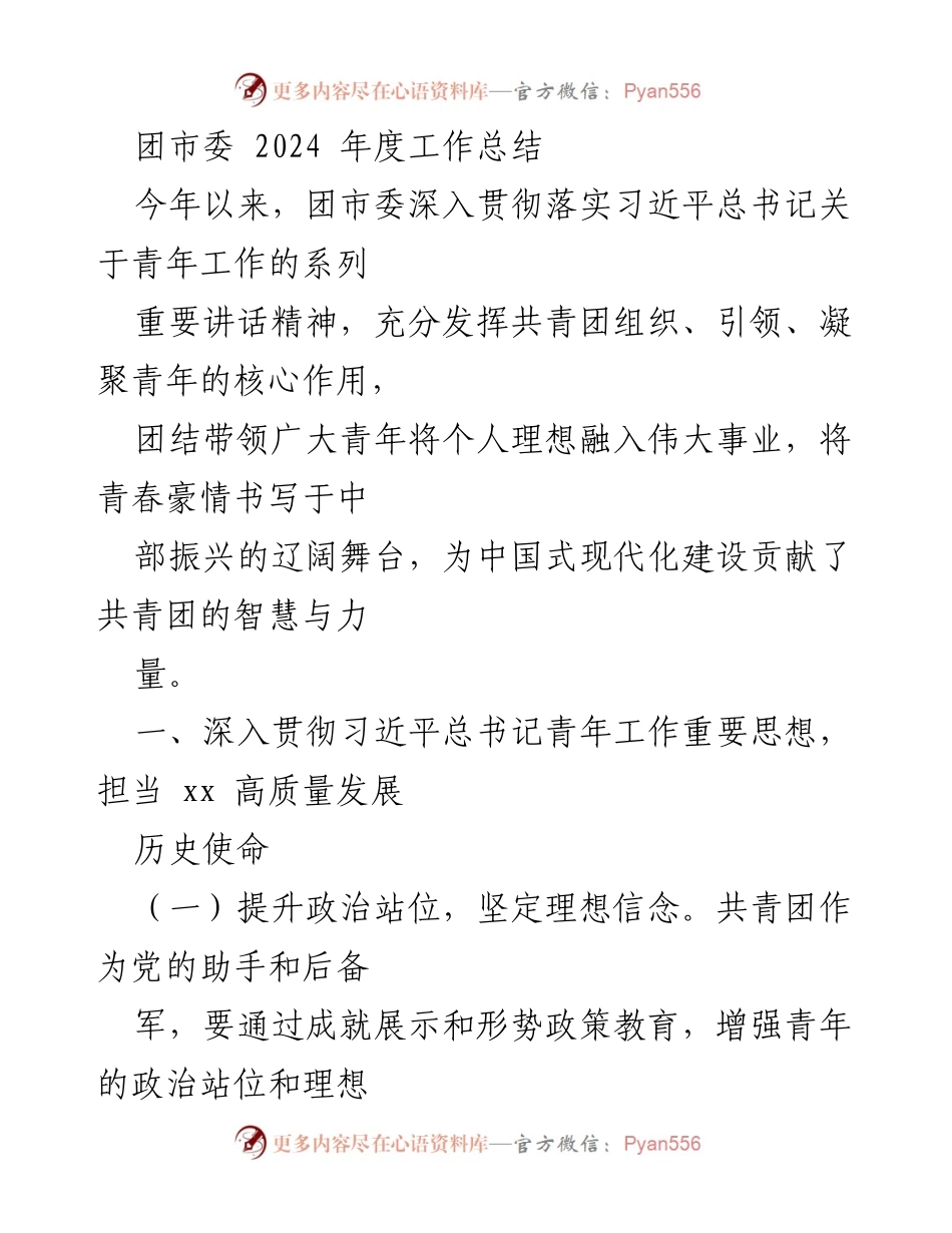 [工作总结] 团市委年度总结 - 2024年度团市委工作总结：引领青年投身中部崛起事业.docx_第1页