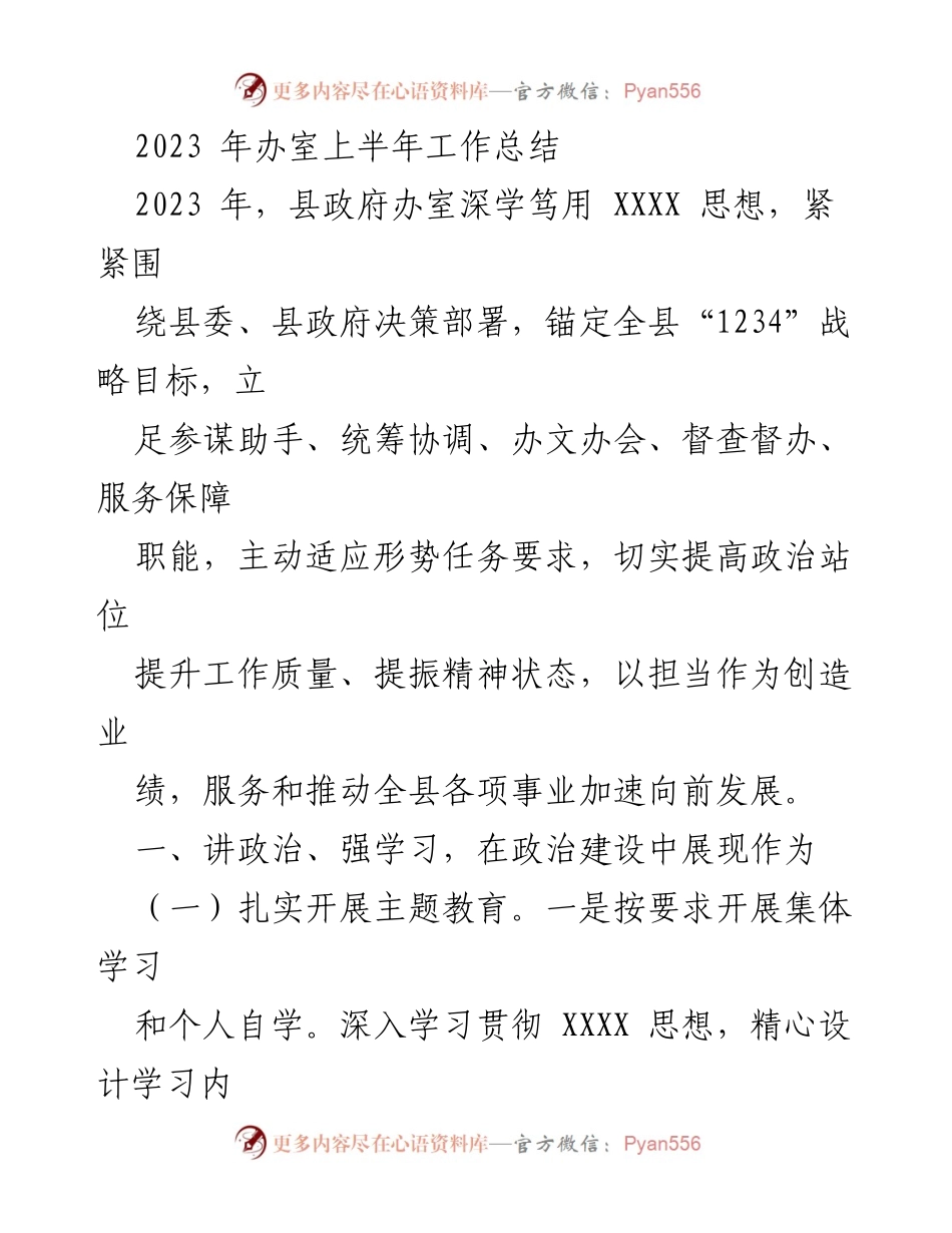 [工作总结] 县政府办室 - 2023年上半年工作总结及政治建设成效分析.docx_第1页