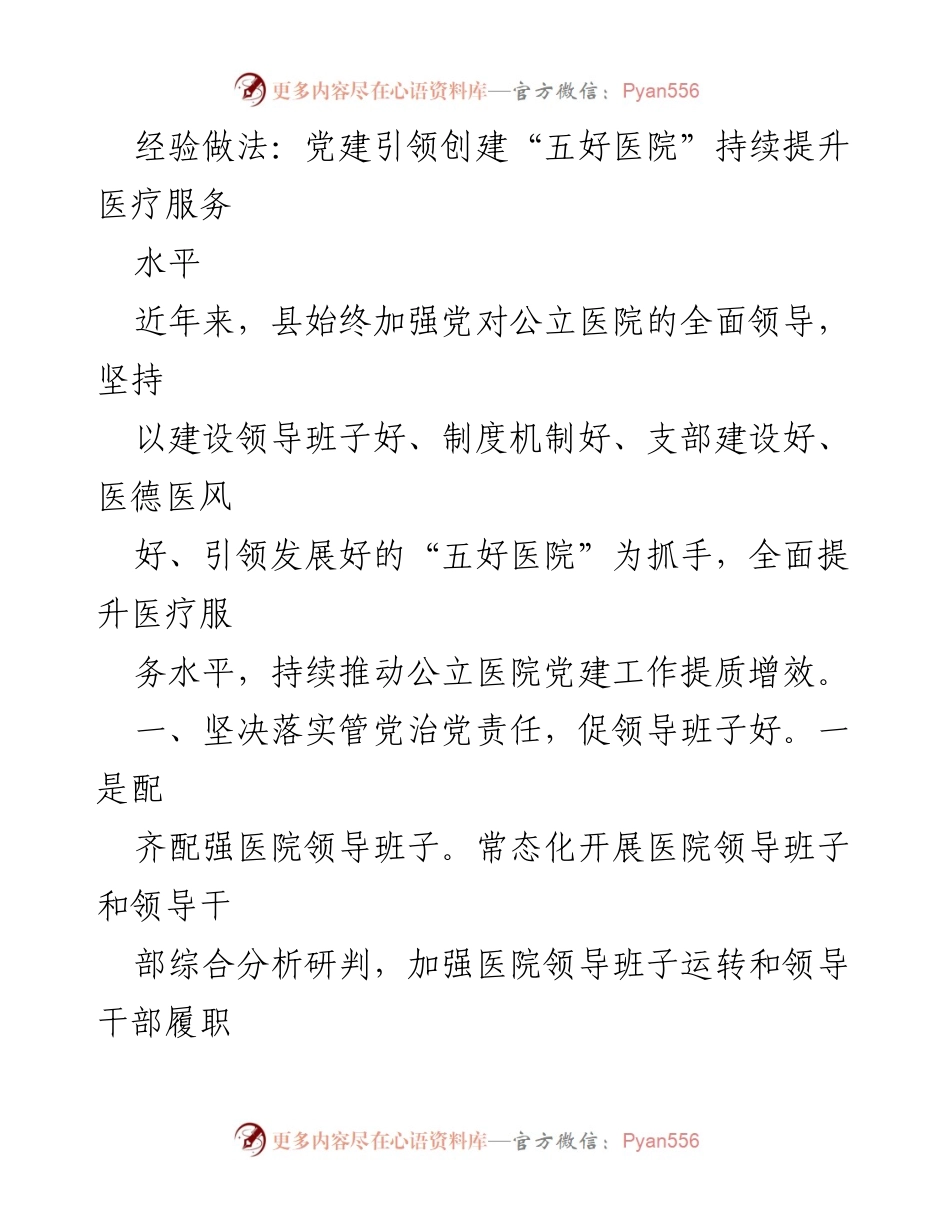 [工作总结] 医院党建工作 - 党建引领下的“五好医院”建设经验总结.docx_第1页