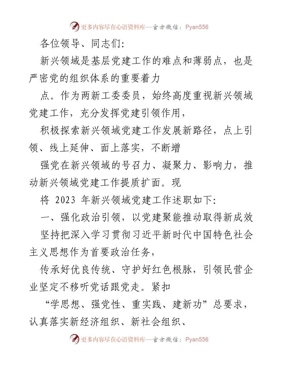 [工作总结] 基层党建工作会议 - 2023年新兴领域党建工作述职报告.docx_第1页