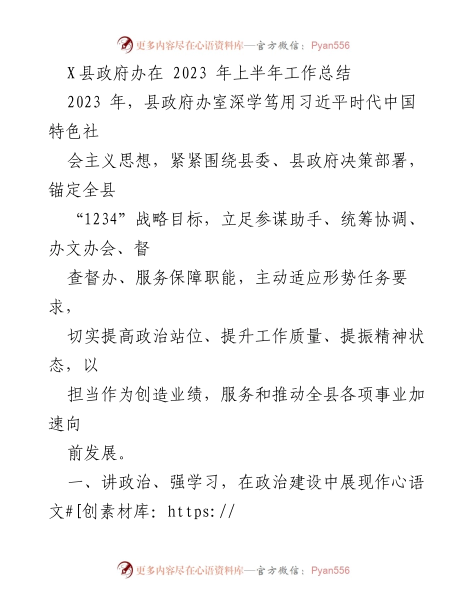 [工作总结] 县政府办 - 2023年上半年工作总结与政治建设成效.docx_第1页