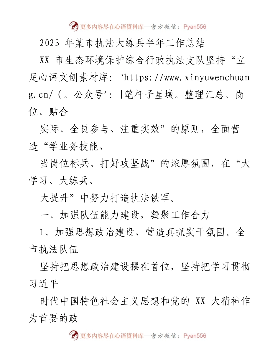 [工作总结] 半年工作总结 - 2023年某市生态环境执法大练兵工作总结.docx_第1页
