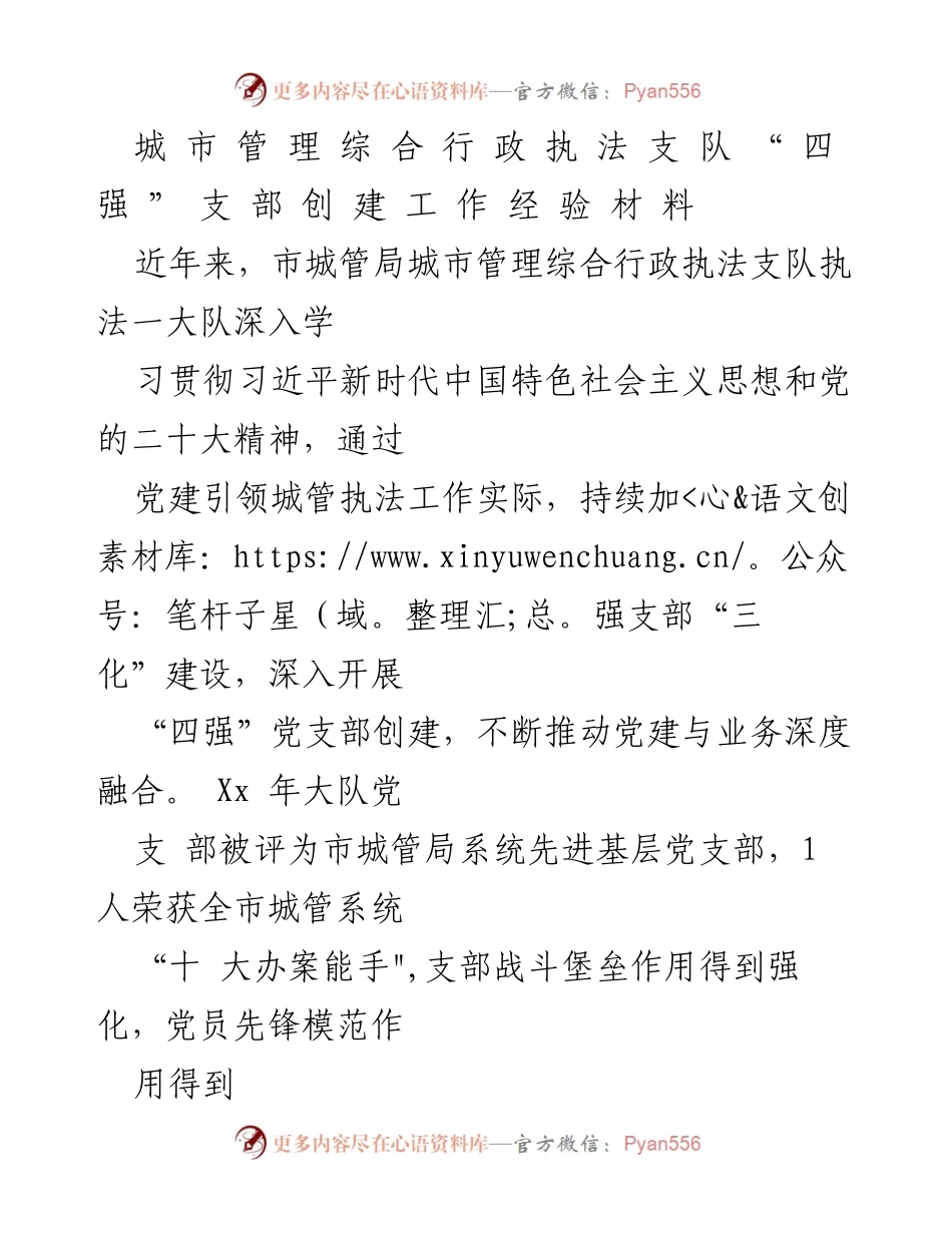 [工作总结] 城市管理 - 城市管理综合行政执法支队“四强”党支部创建工作经验总结.docx_第1页