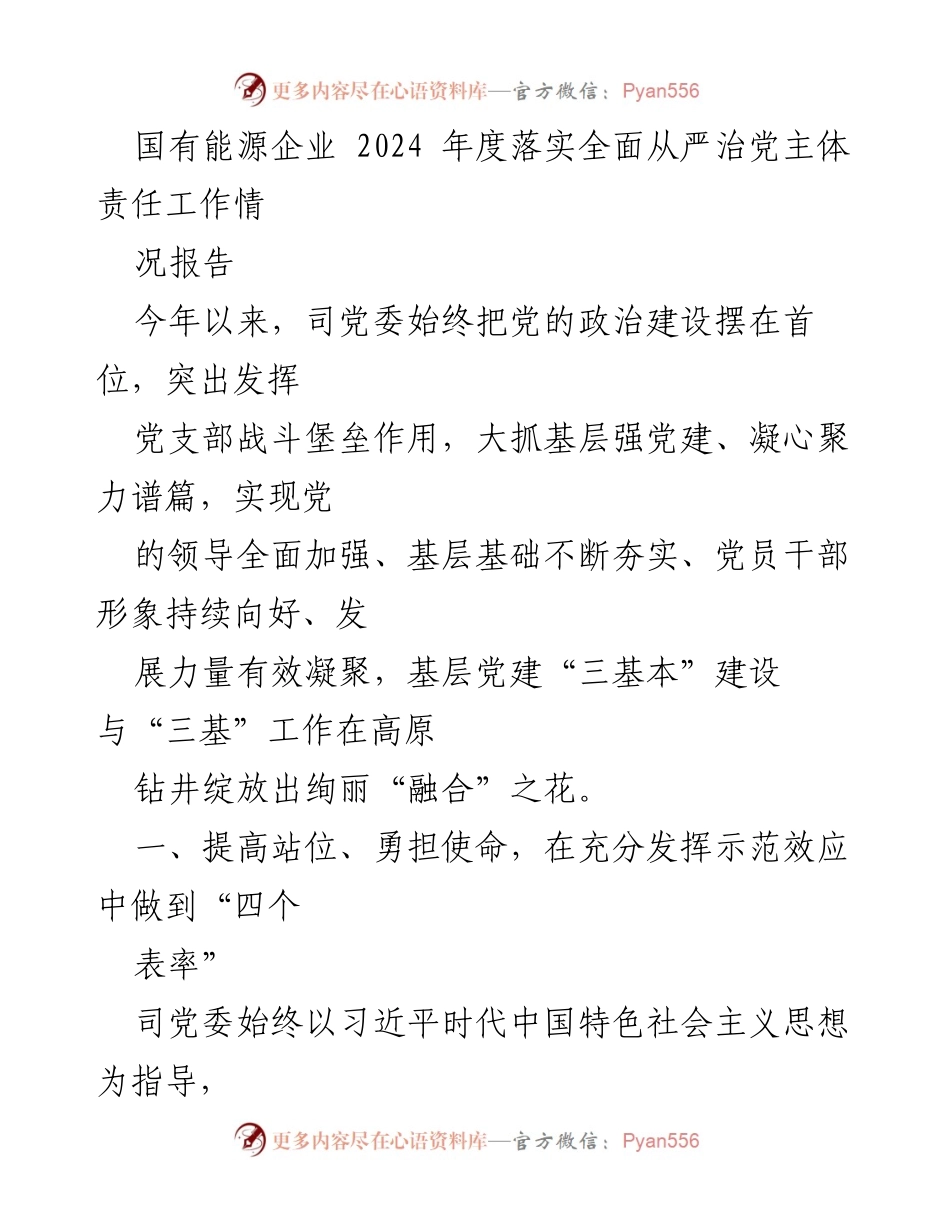 [工作总结] 国有能源企业 - 2024年度全面从严治党主体责任落实情况报告.docx_第1页