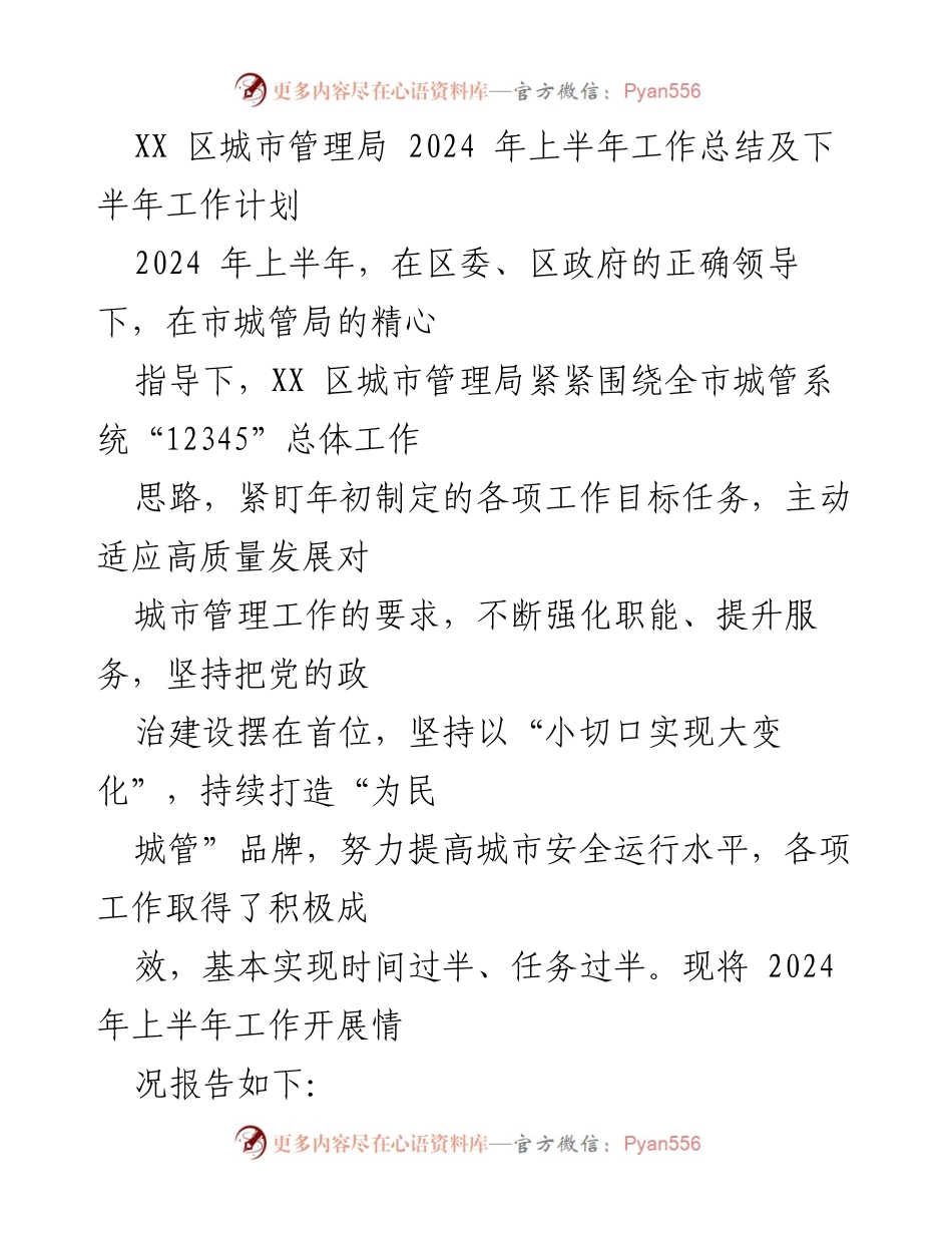 [工作总结] 城市管理 - 2024年上半年城市管理局工作总结与下半年计划.docx_第1页