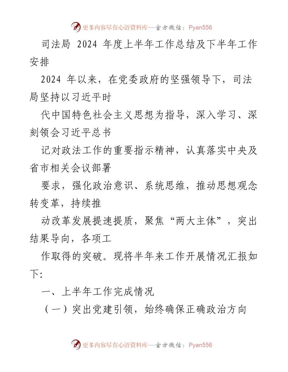 [工作总结] 司法局 - 2024年度上半年工作总结与下半年工作安排.docx_第1页