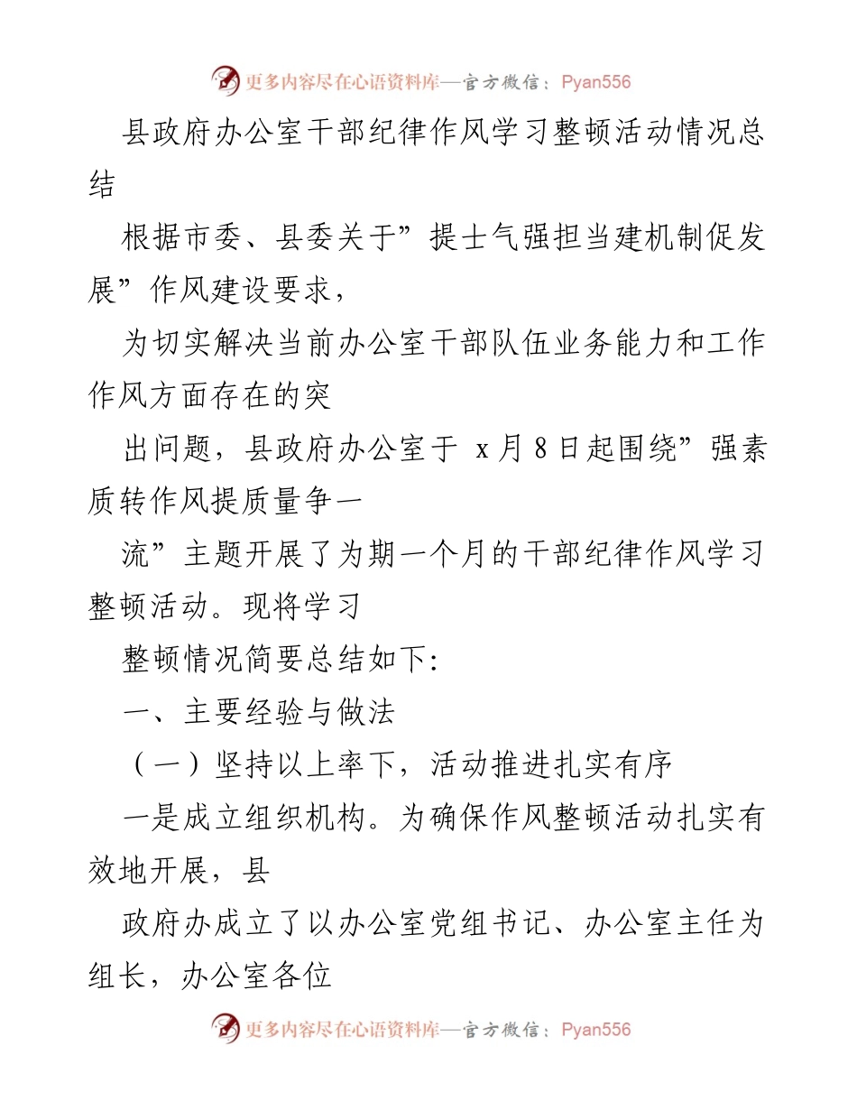 [工作总结] 县政府办公室 - 干部纪律作风学习整顿活动总结报告.docx_第1页