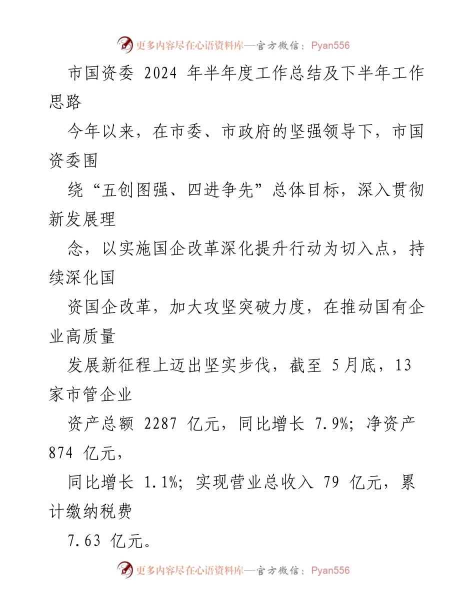 [工作总结] 半年度工作会议 - 市国资委2024年上半年工作总结及下半年工作思路.docx_第1页