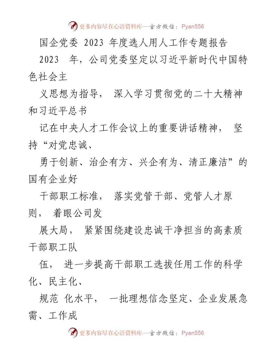 [工作总结] 国企党委 - 2023年度选人用人工作专题报告.docx_第1页