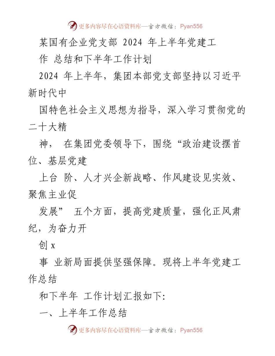 [工作总结] 国有企业党支部 - 2024年上半年党建工作总结与下半年计划.docx_第1页
