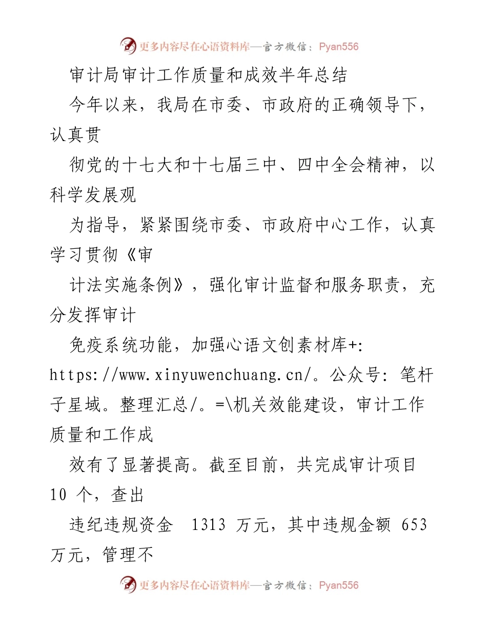 [工作总结] 半年总结 - 审计局审计工作质量与成效总结报告.docx_第1页