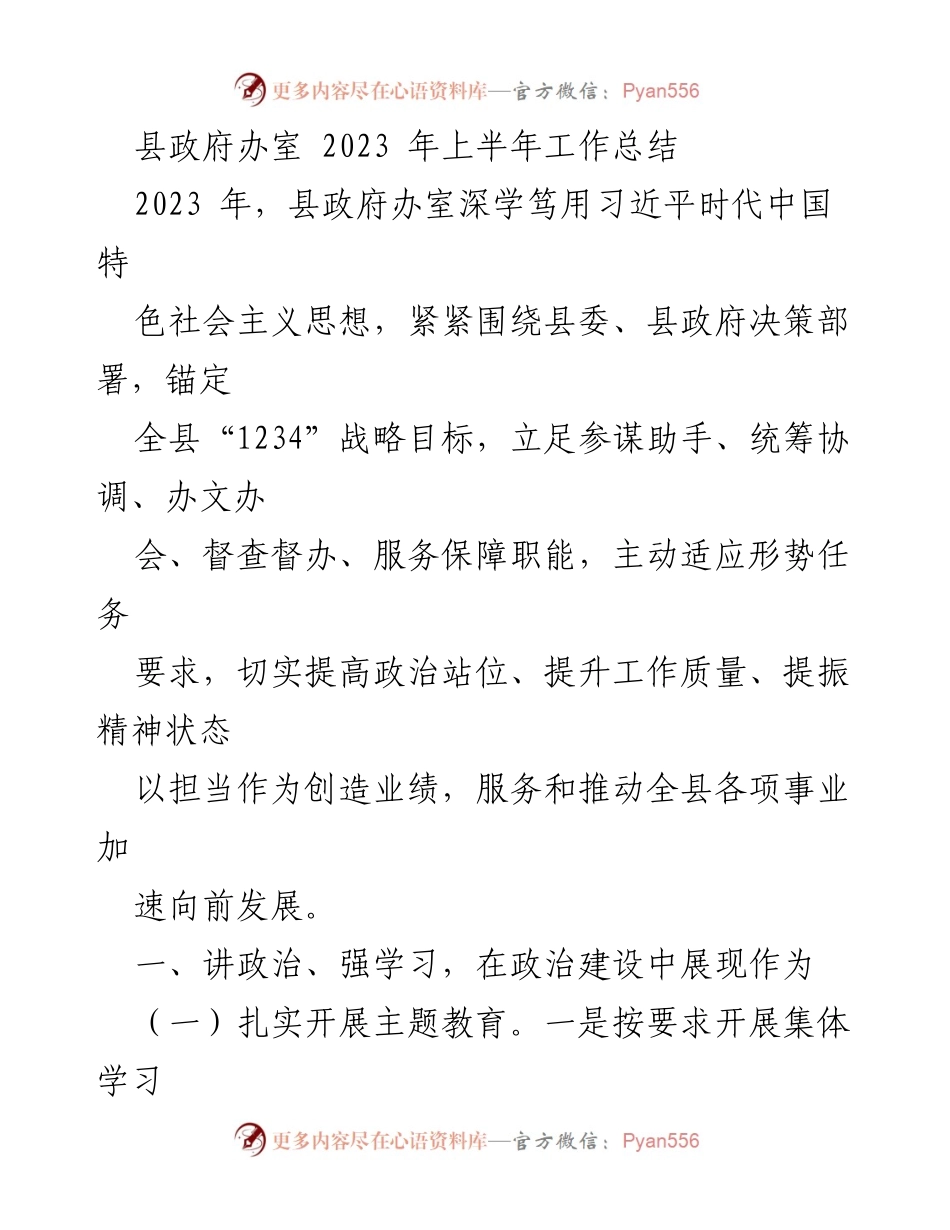[工作总结] 县政府办室 - 2023年上半年工作总结与学习贯彻情况分析.docx_第1页