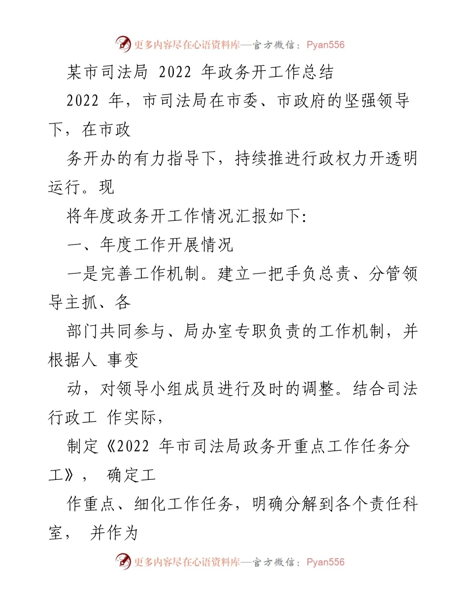 [工作总结] 司法局年度工作 - 2022年市司法局政务公开工作总结.docx_第1页