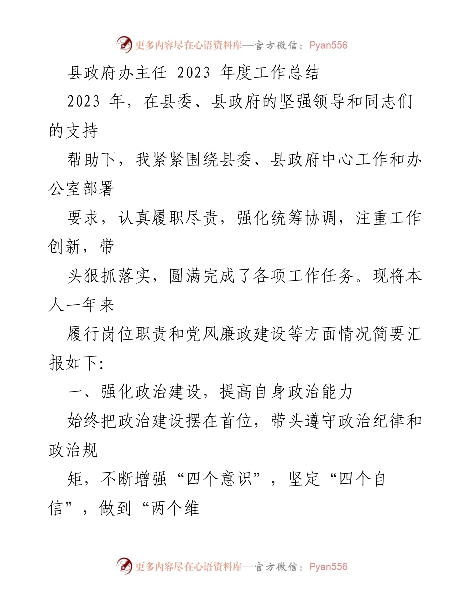 [工作总结] 县政府办 - 2023年度工作总结与履职报告_1.docx_第1页