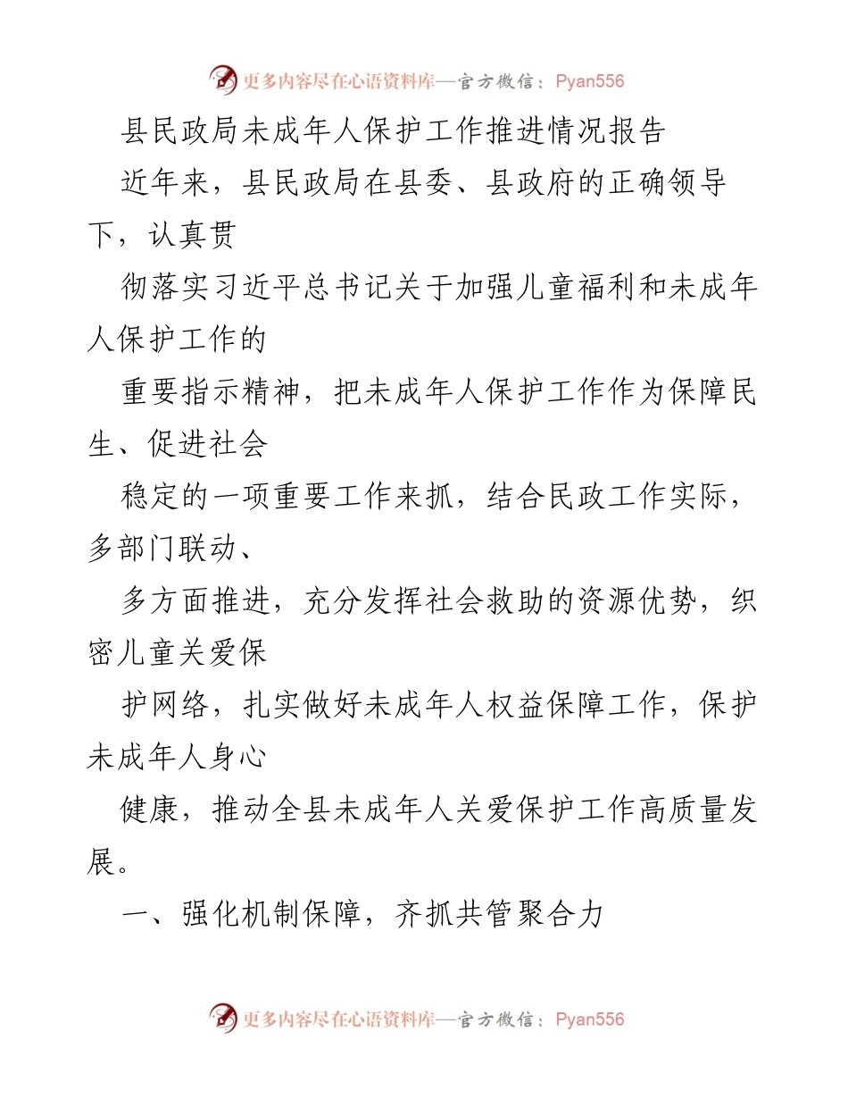 [工作总结] 县民政局 - 未成年人保护工作推进情况报告.docx_第1页