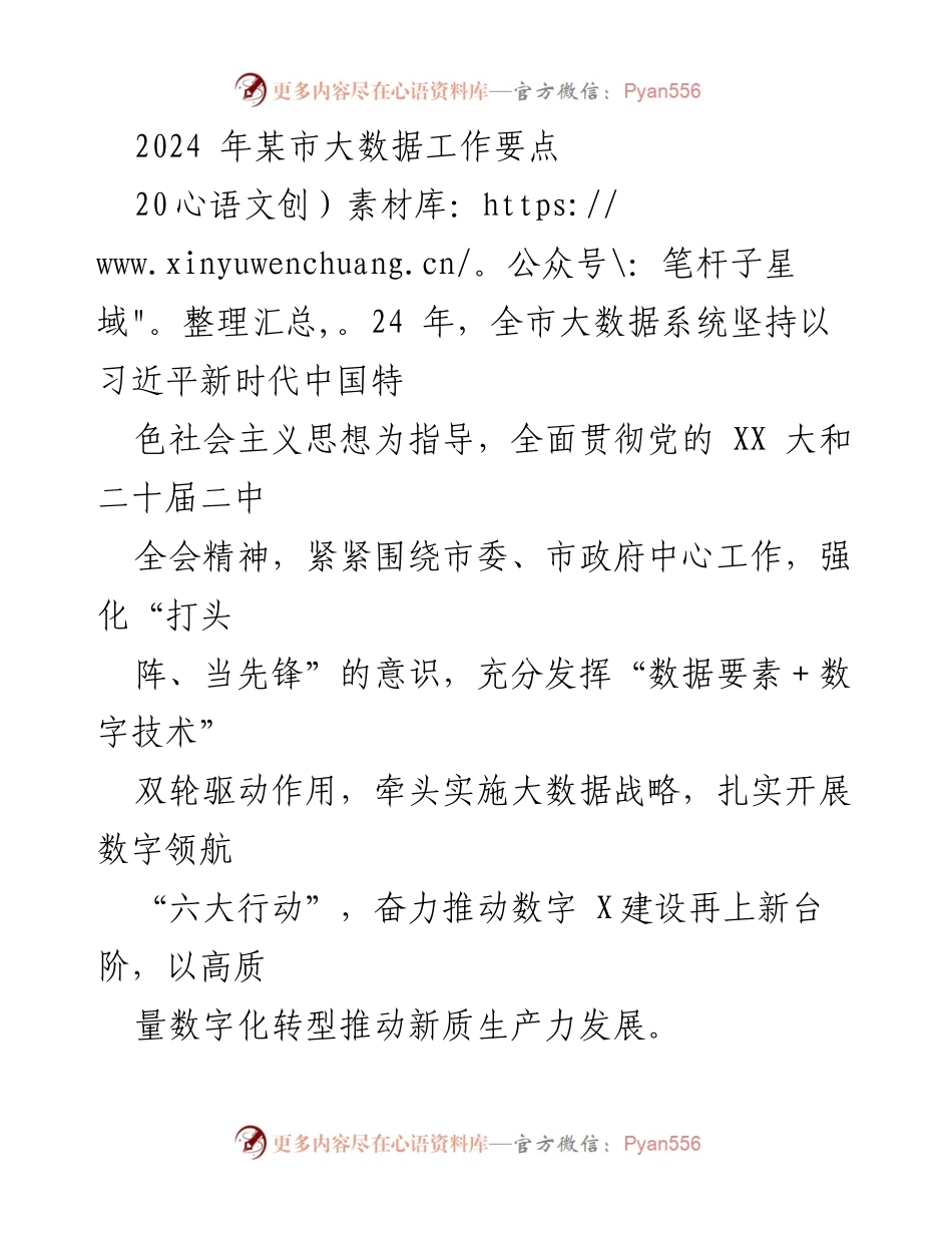 [工作总结] 大数据工作会议 - 2024年某市大数据工作要点及发展战略.docx_第1页