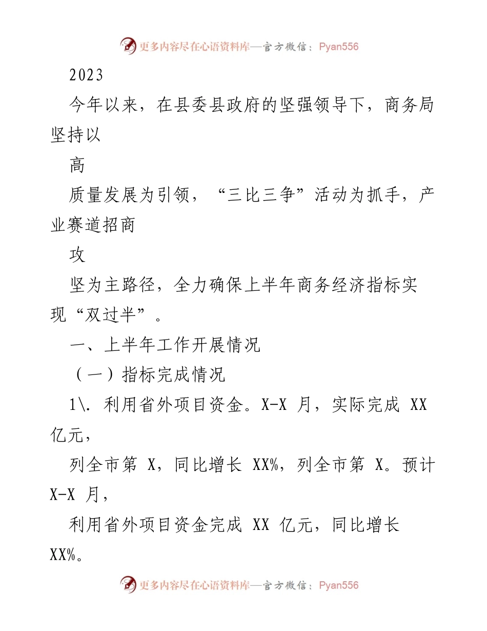 [工作总结] 商务局上半年工作汇报 - 2023年商务局上半年工作总结及经济指标分析.docx_第1页