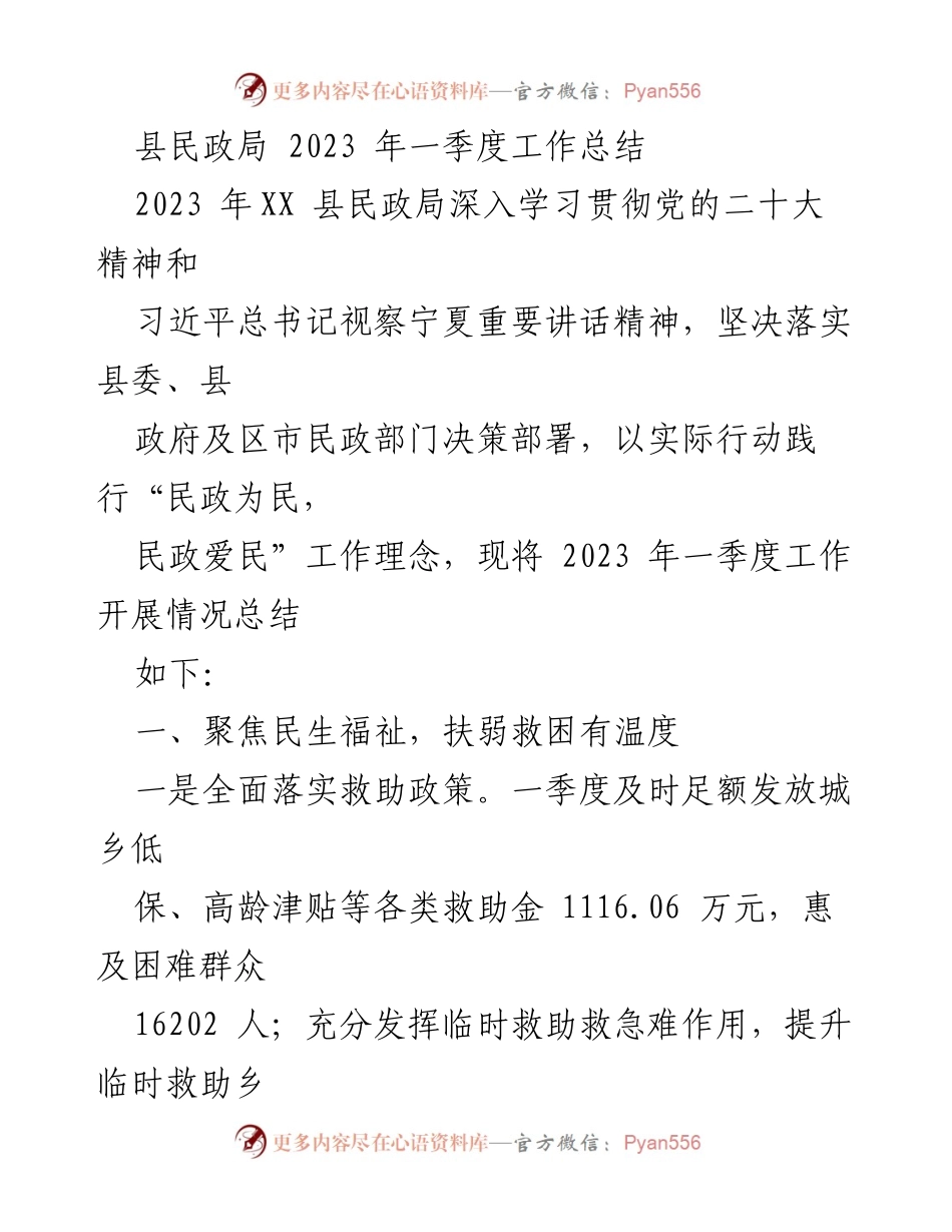 [工作总结] 县民政局 - 2023年一季度民政工作总结与成效分析.docx_第1页