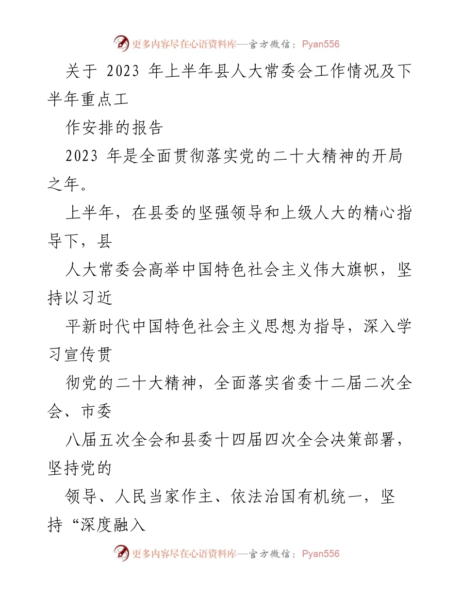 [工作总结] 县人大常委会 - 2023年上半年工作总结及下半年重点工作安排报告.docx_第1页