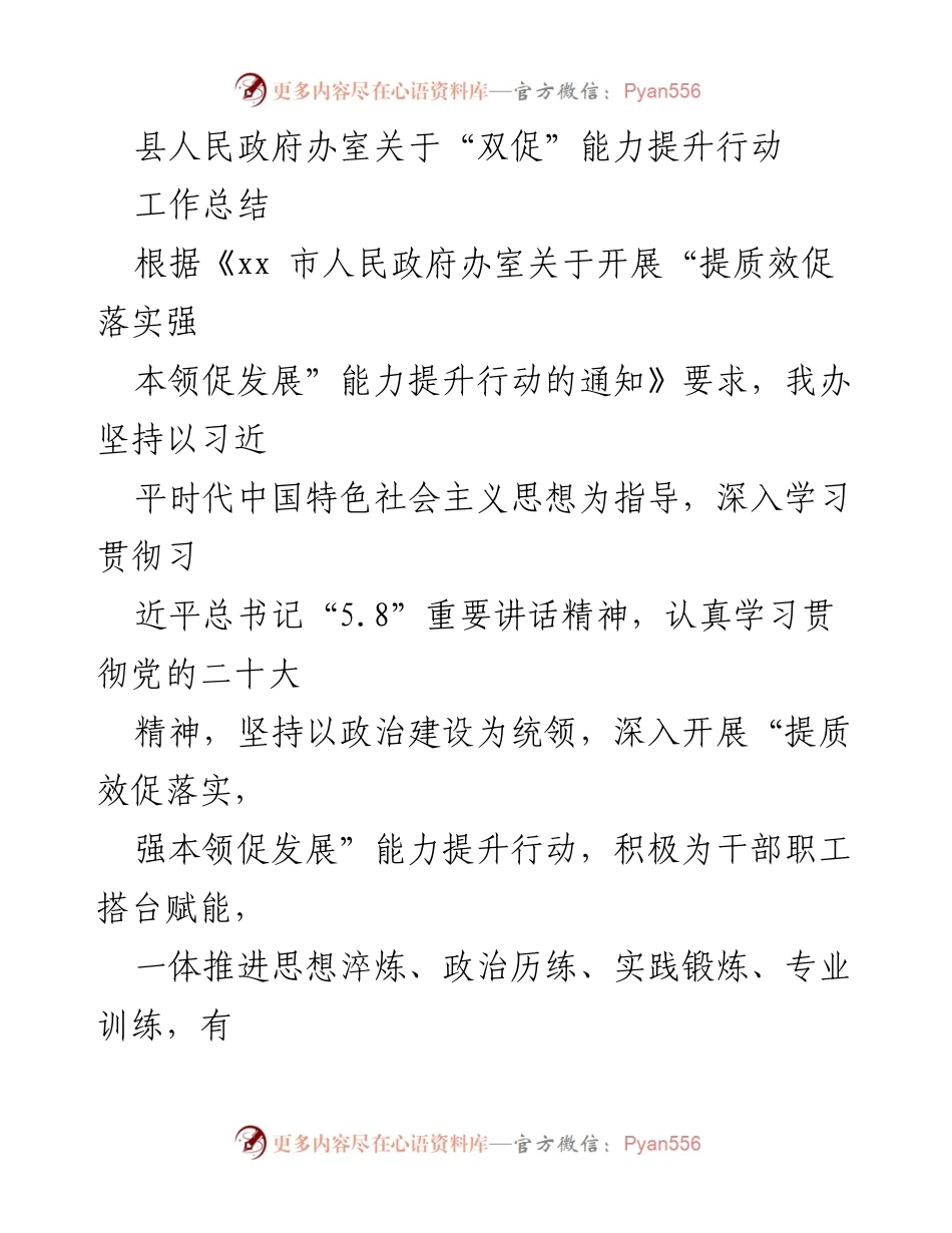 [工作总结] 县人民政府办室 - 提升干部能力与工作质效的“双促”行动总结.docx_第1页