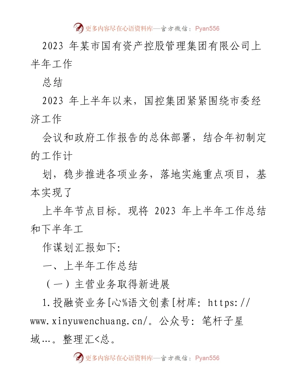 [工作总结] 国有资产控股管理集团 - 2023年上半年工作总结与下半年工作谋划.docx_第1页