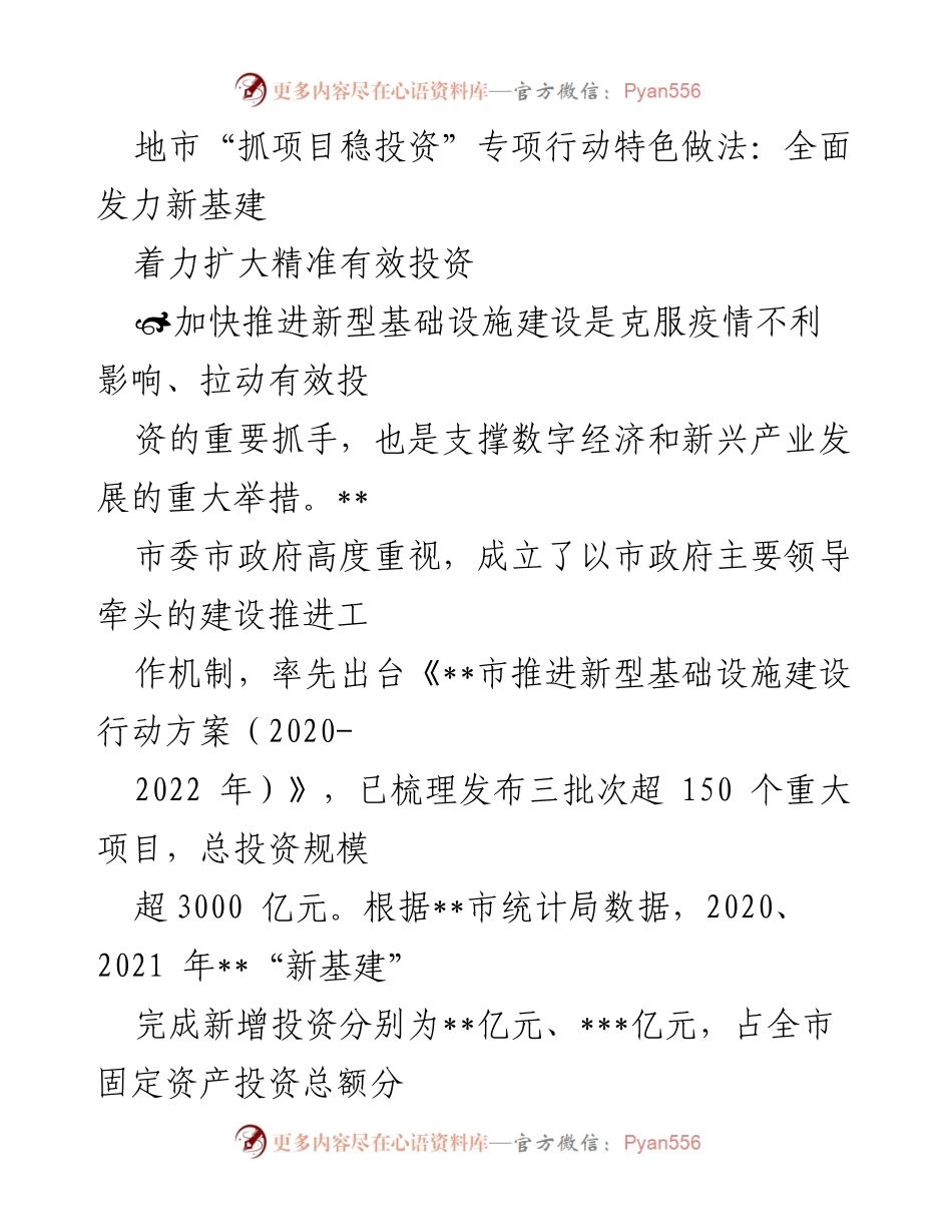 [工作总结] 地市项目投资专项行动 - 新型基础设施建设助力投资稳增长.docx_第1页