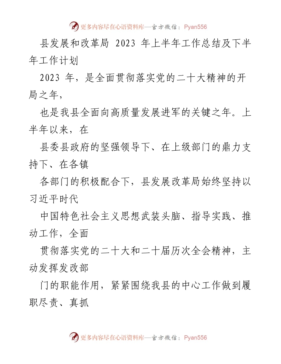 [工作总结] 县发展和改革局 - 2023年上半年工作总结与下半年计划.docx_第1页