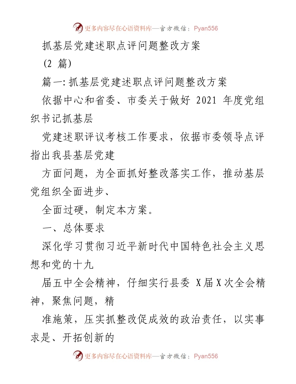 [工作总结] 基层党建 - 基层党建述职点评问题整改方案_1.docx_第1页