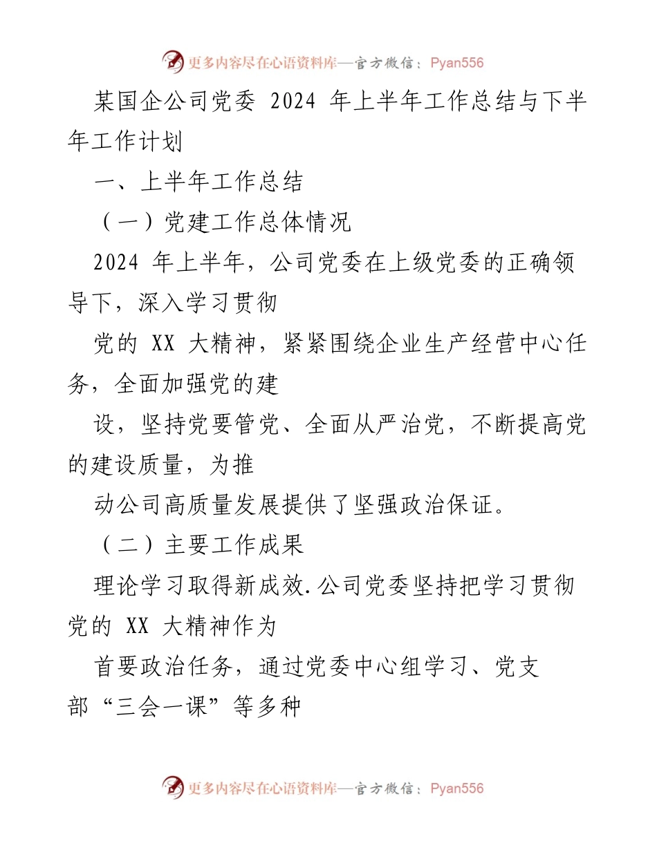 [工作总结] 国企党委 - 2024年上半年工作总结与下半年工作计划.docx_第1页