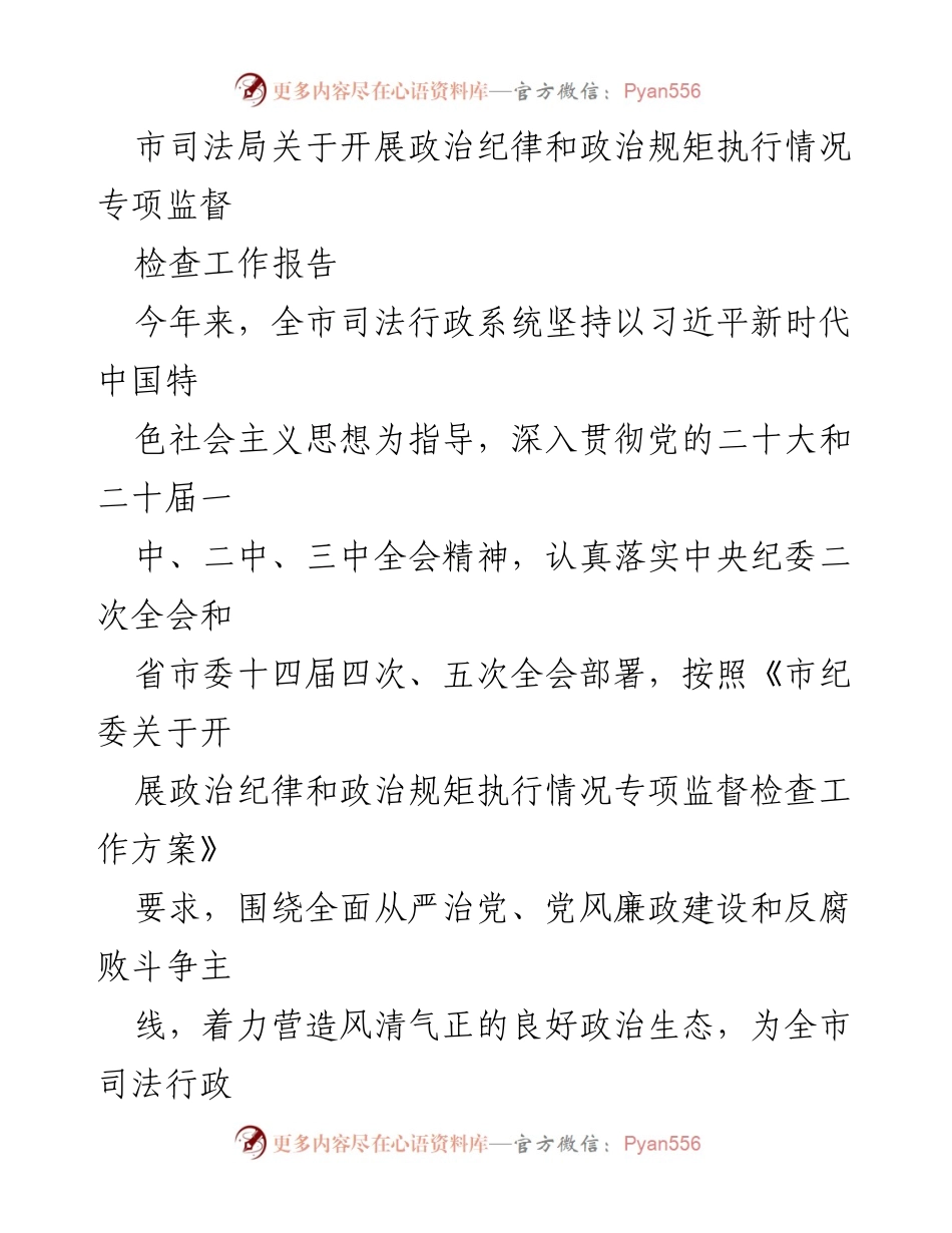 [工作总结] 司法行政系统 - 政治纪律与规矩执行情况专项监督检查工作总结.docx_第1页