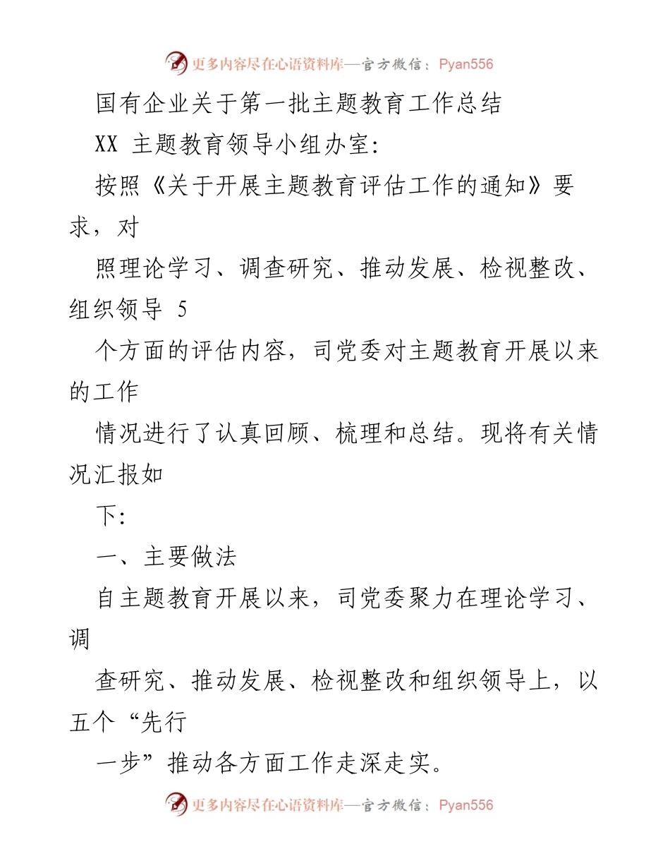 [工作总结] 国有企业 - 第一批主题教育工作总结报告.docx_第1页