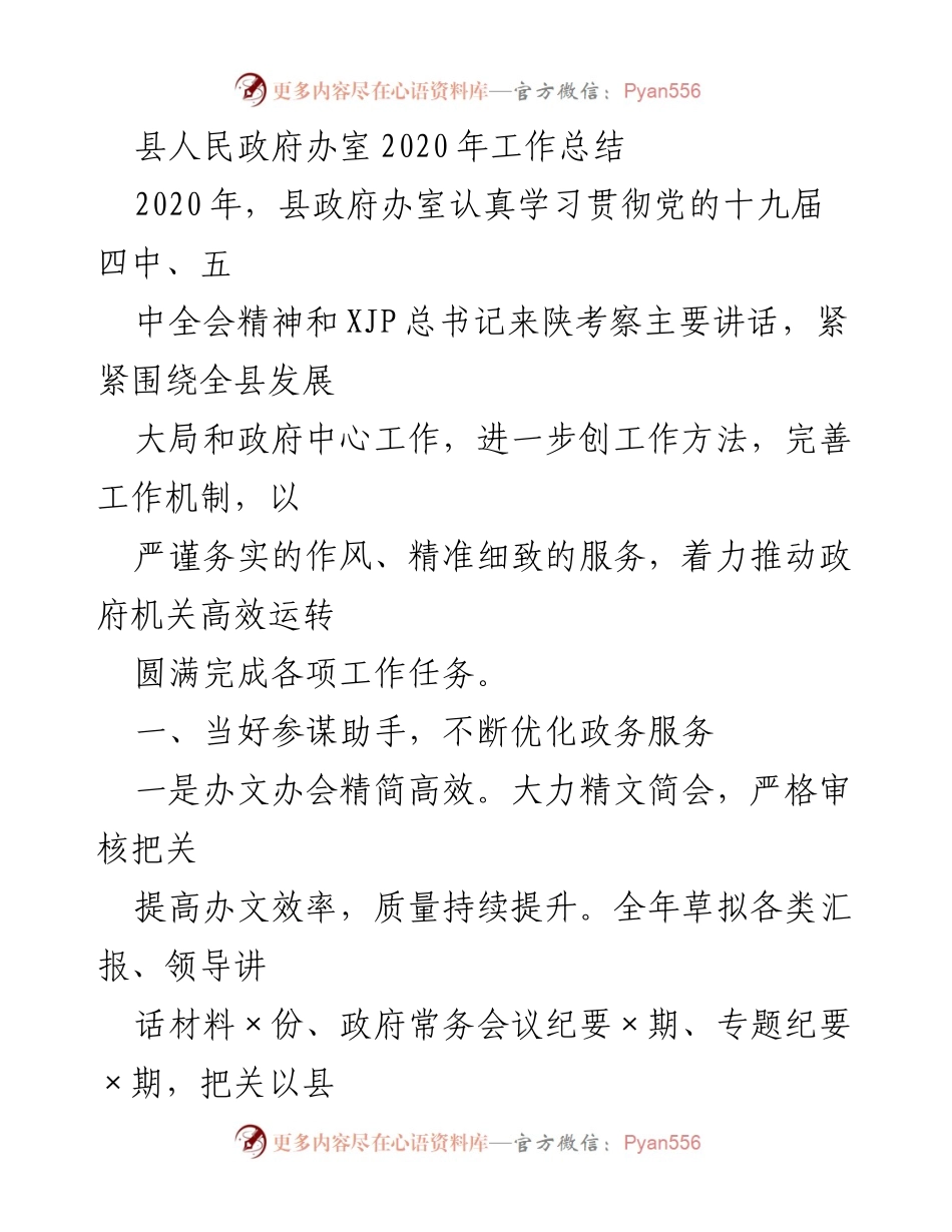 [工作总结] 县人民政府办室 - 2020年县政府办室工作总结与成效分析.docx_第1页