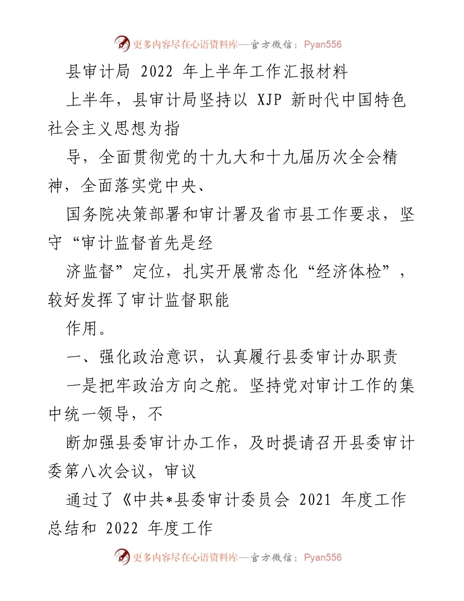 [工作总结] 县审计局 - 2022年上半年审计工作汇报与成效分析.docx_第1页