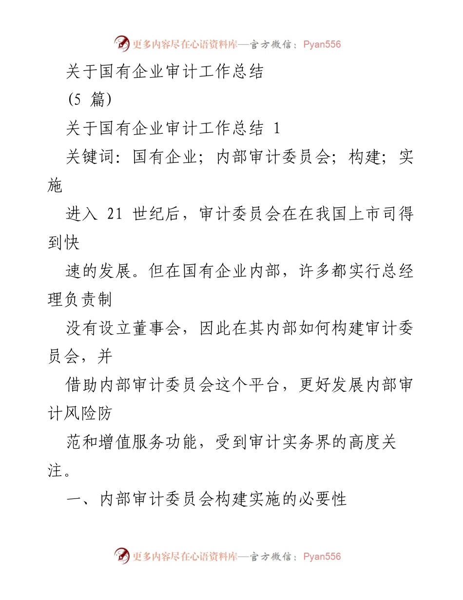 [工作总结] 国有企业审计 - 国有企业内部审计委员会构建与实施总结.docx_第1页