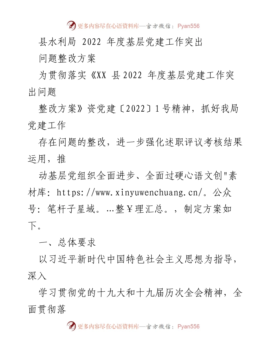 [工作总结] 县水利局 - 2022年度基层党建工作突出问题整改方案.docx_第1页